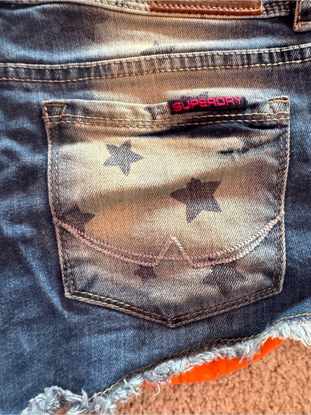 Superdry Women's Blue Distressed Denim Shorts with Orange Trim - Picture 9 of 9
